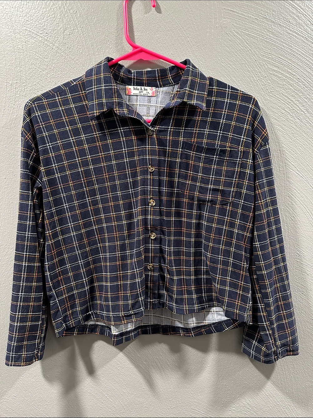 Girls Navy Plaid Button-Down Shirt with Chest Pocket
